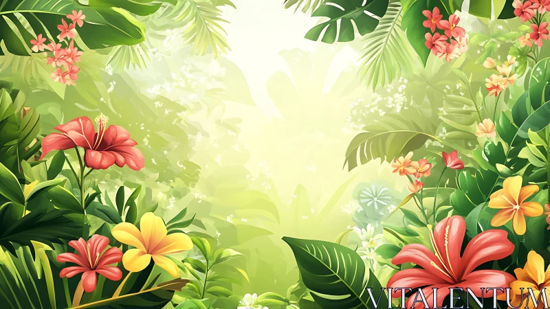 Sunlit jungle blooms quietly frame a dreamy tropical clearing