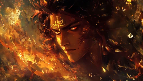 Fiery-eyed mage emerges from swirling embers and molten light