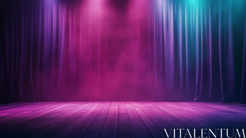 Empty stage with neon lights and curtain backdrop.