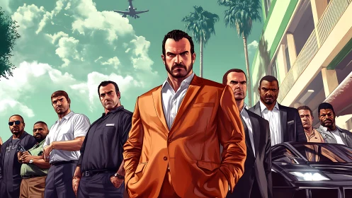 Crime crew under palm trees in stylized cityscape standoff.