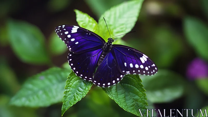 Purple butterfly resting on fresh green leaves in focus.