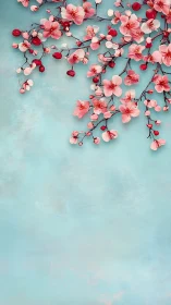 Pink Cherry Blossoms Against Turquoise Wall.