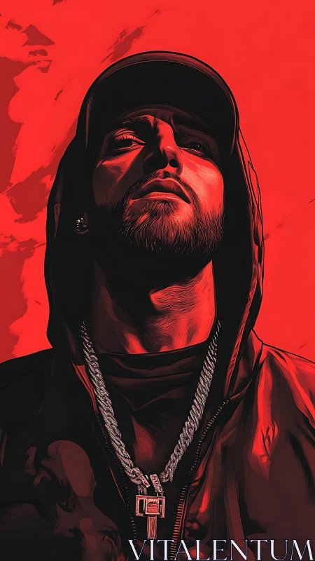 Low-angle red-toned hooded portrait with pendant chain jewelry