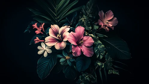 Tropical Hibiscus and Orchid Floral Arrangement on Dark Background