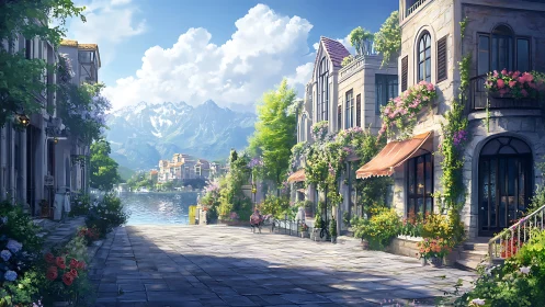 Lakeside stone promenade extends toward distant alpine mountains