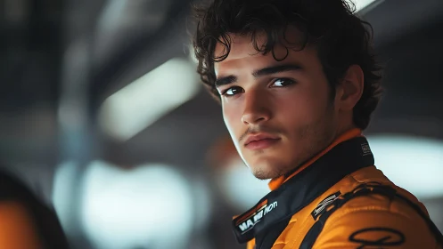 Male racing driver portrait in orange racing suit indoors.