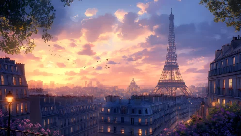 Eiffel Tower overlooks detailed Paris rooftops at sunset
