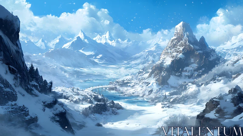 Snow-covered alpine valley with bridge and distant peaks.