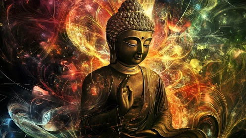 Buddha statue meditates amid swirling cosmic light energies.