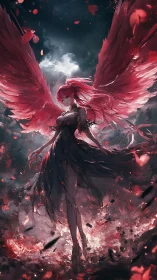 Red winged angelic figure in dark swirling storm scene.