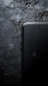 Glossy black smartphone rests against rugged wet stone