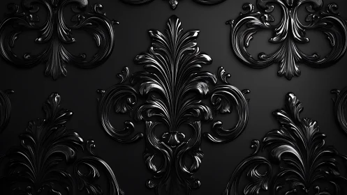 Ornate black baroque flourishes glimmer with quiet drama.