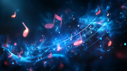 Starlit music notes drift through glowing electric nebula.