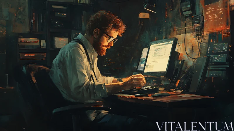 Focused programmer works late in dimly lit cyber workspace