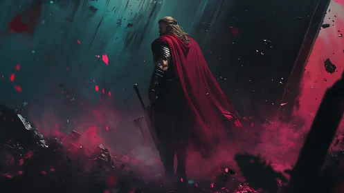 Armored warrior in red cloak walks through burning ruins