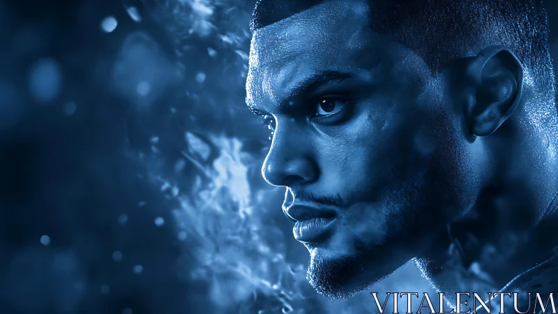 Intense blue portrait captures focused male profile in motion.