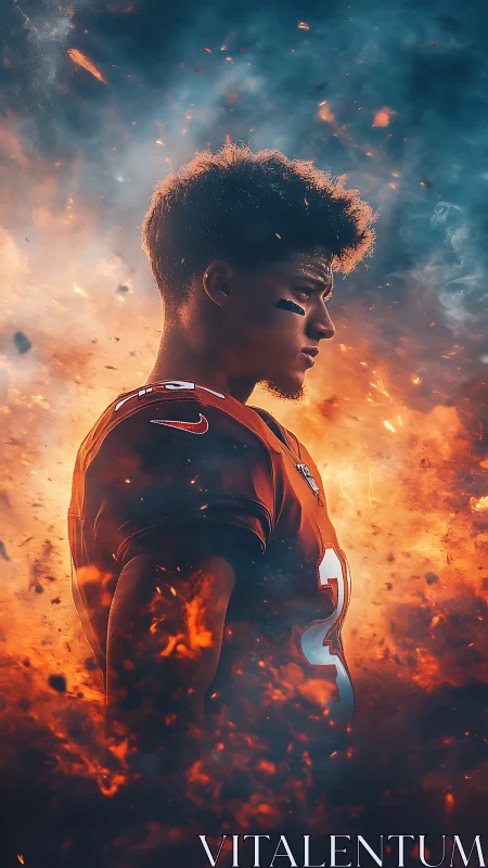 Fiery football portrait captures a focused athlete in motion.