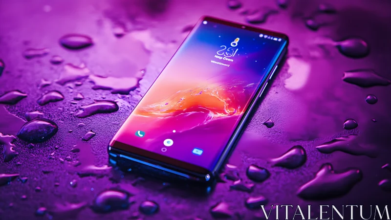 Premium smartphone displaying gradient display with luminous interface elements on wet surface