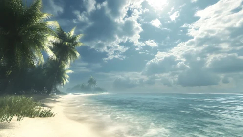 Tropical Beach Paradise with Palm Trees and Turquoise Waters.