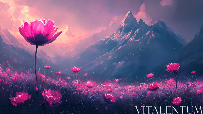 Luminous magenta bloomscape under atmospheric alpine dusk.