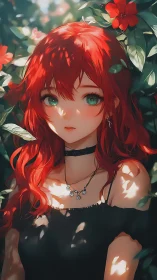 Crimson haired anime girl in sunlit garden shadows.