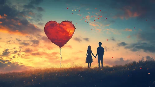 Couple Holding Hands Under Giant Heart Balloon at Sunset
