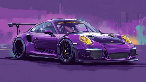 Purple Porsche GT3 RS glows against neon city skyline.