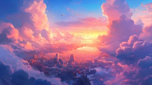 Sunlit clouds rise over a futuristic city at dawn.