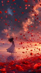 Woman in white dress under red petals at vivid sunset.