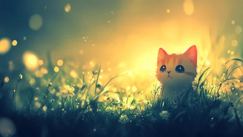 Feline Portrait in Golden Hour Meadow with Atmospheric Bokeh Effects