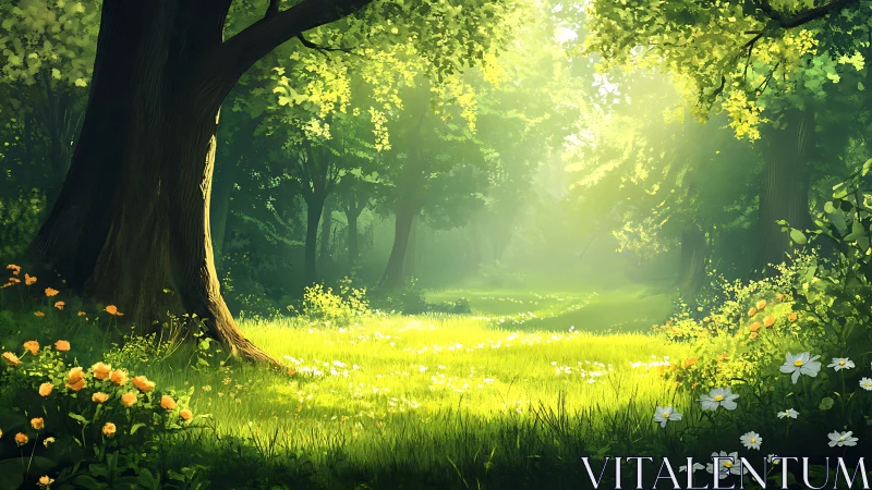 Sunlit Forest Clearing with Wildflowers in Soft Painted Style.