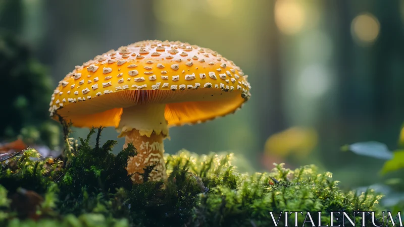 Orange amanita mushroom rises over moss in soft forest light