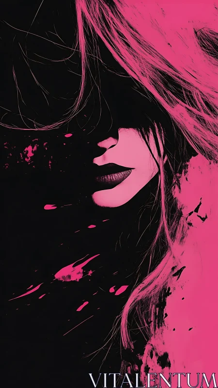 Profile illustration of woman with pink hair on black field.