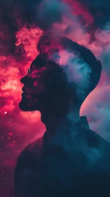Silhouette of male profile in dense colored smoke clouds.