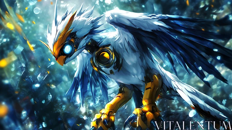 Cybernetically crowned storm hawk ignites frozen skyward.