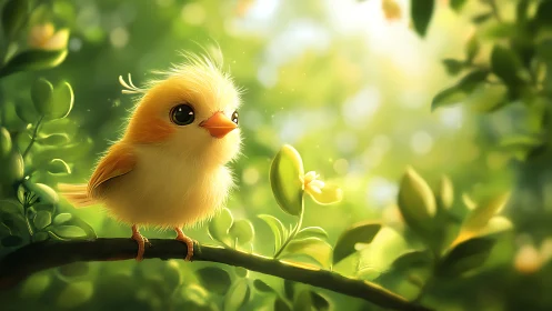 Sunlit fluffball studies a single blooming forest jewel