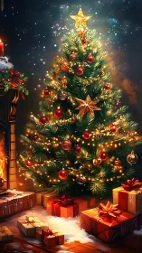 Christmas tree stands lit with ornaments and wrapped gifts