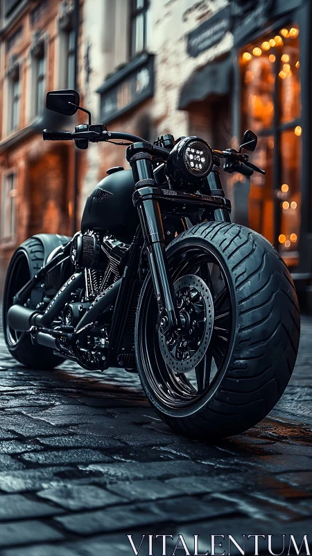 Low-angle hyperdetailed black street cruiser motorcycle rendering.