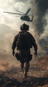 Soldier advances toward helicopter through smoky battlefield