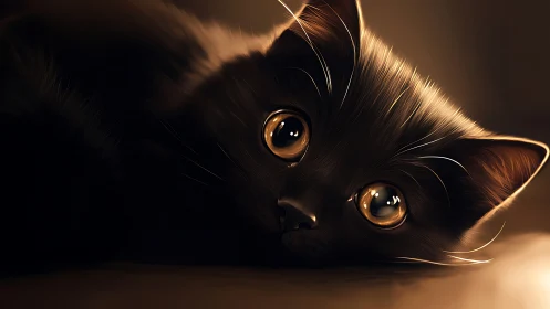 Black Feline Portrait with Luminous Amber Ocular Examination.