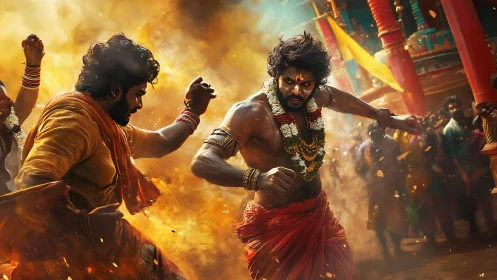 Fierce festival warriors whirl through saffron sacred smoke.