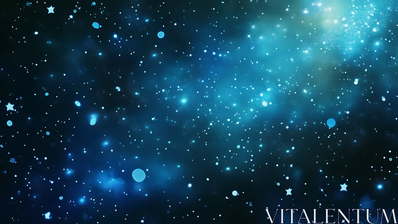 Blue starfield with dense glowing particles in deep space.