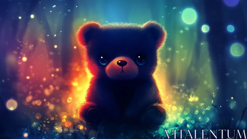 Glowing forest teddy bear wrapped in dreamy night light.
