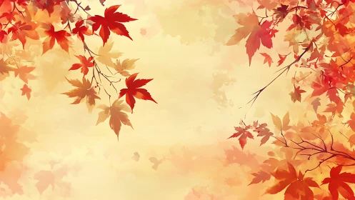 Autumn maple canopy framing soft golden sky background.
