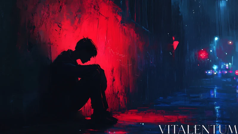 Silhouetted figure sits against red wall on rainy night