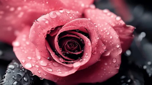 Pink rose glistening with fresh raindrops and morning dew