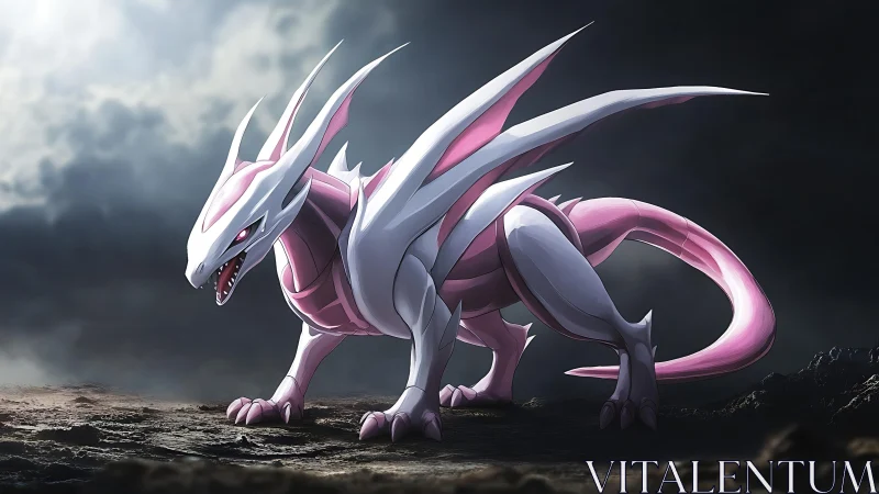Digital painting of bio-armored pink dragon on stormy ridge.