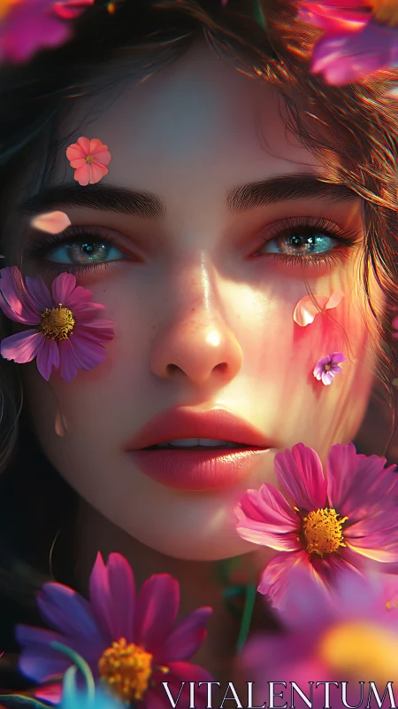 Hyperreal floral portrait of young woman with tearful gaze