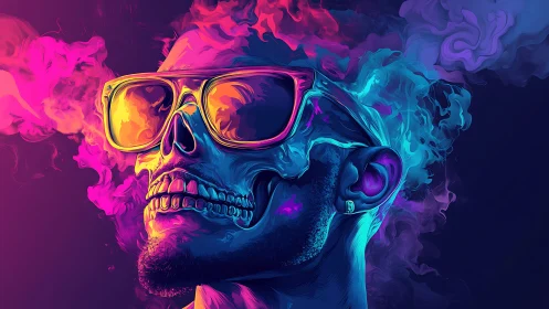 Neon skull in cool sunglasses glowing with electric color.