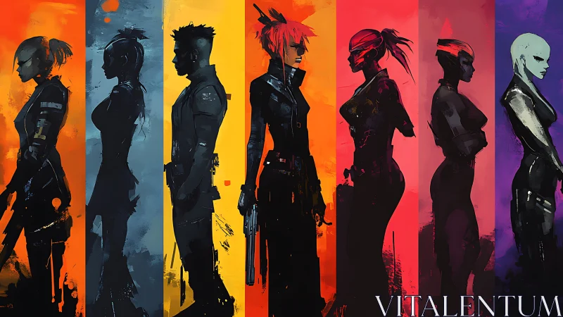 Neon shadow operatives stride through prismatic cyber columns.